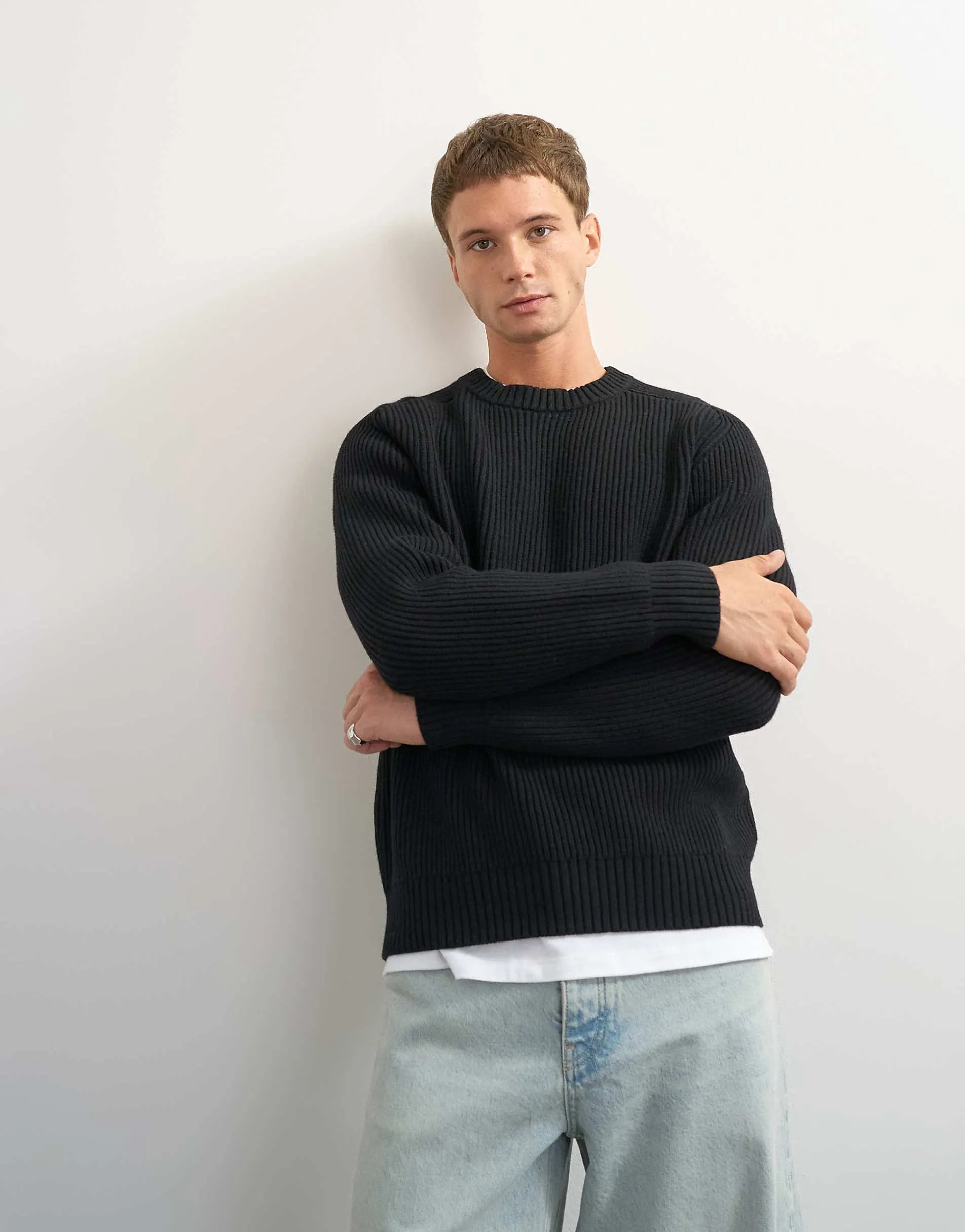 Topman classic fit fisherman knit jumper in black