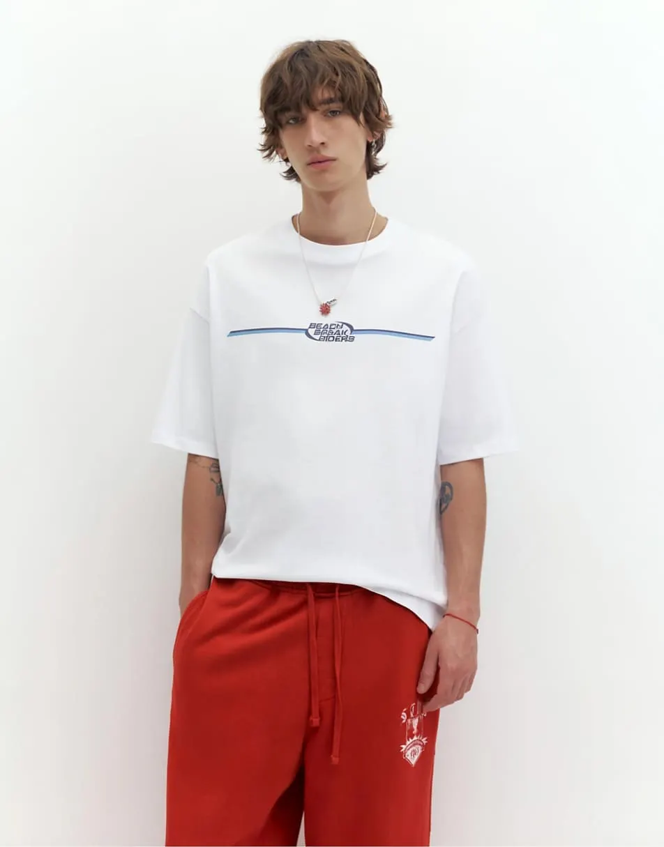 Pull&Bear Stwd beach graphic t-shirt in off white