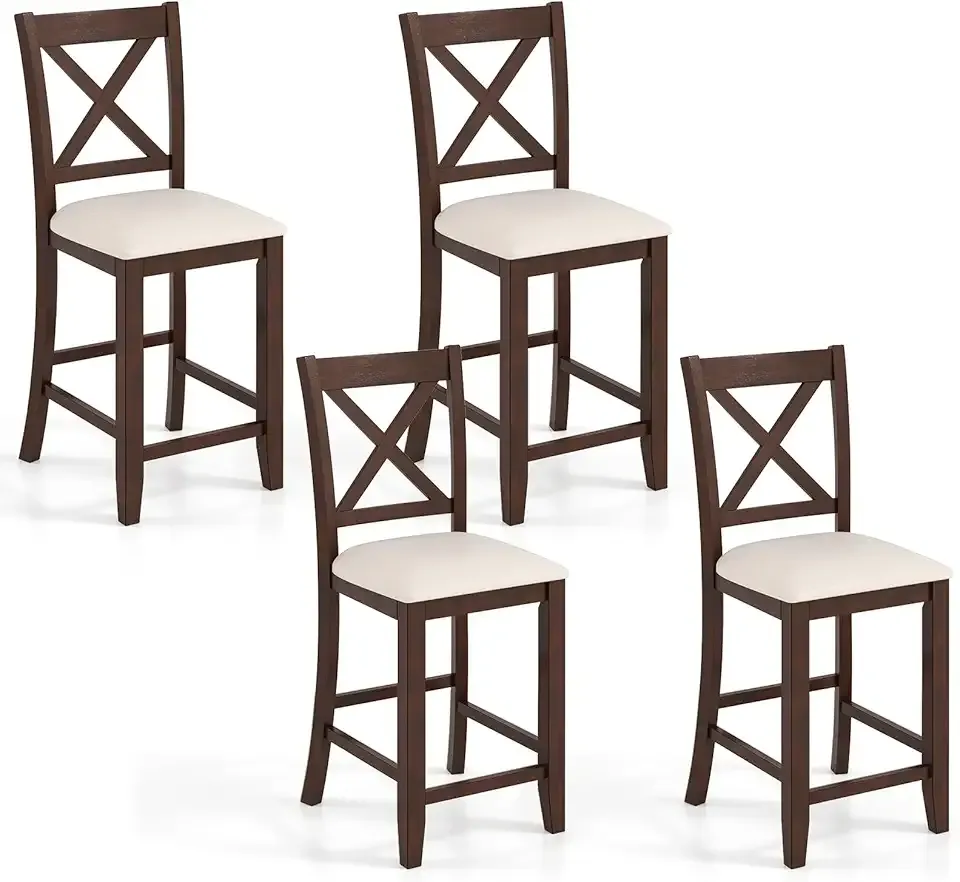 Giantex 24" Bar Stools Set of 4, Farmhouse Counter Height Barstools w/Footrest, Cross Back, Comfortable Linen Cushion, Upholstered Wood Bar Chairs for Kitchen Island Dining Room Cafe, Walnut & Beige