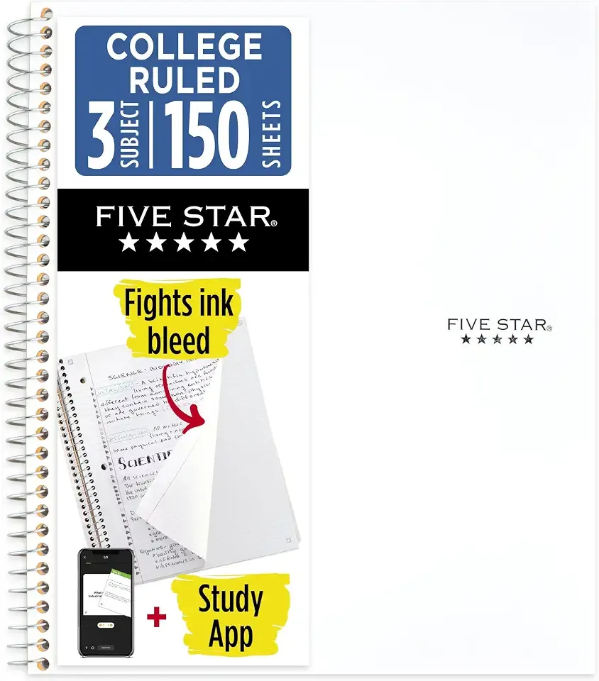 Five Star Spiral Notebook + Study App, 3 Subject, College Ruled Paper, 8-1/2" x 11", 150 Sheets, Fights Ink Bleed, Water Resistant Cover, White (72464)