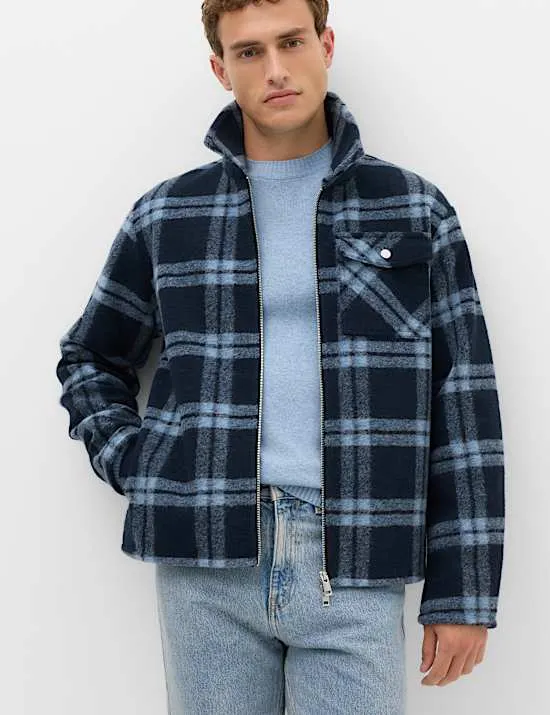 Fleece-Hemdjacke aus Wollmischgewebe mit Karomuster