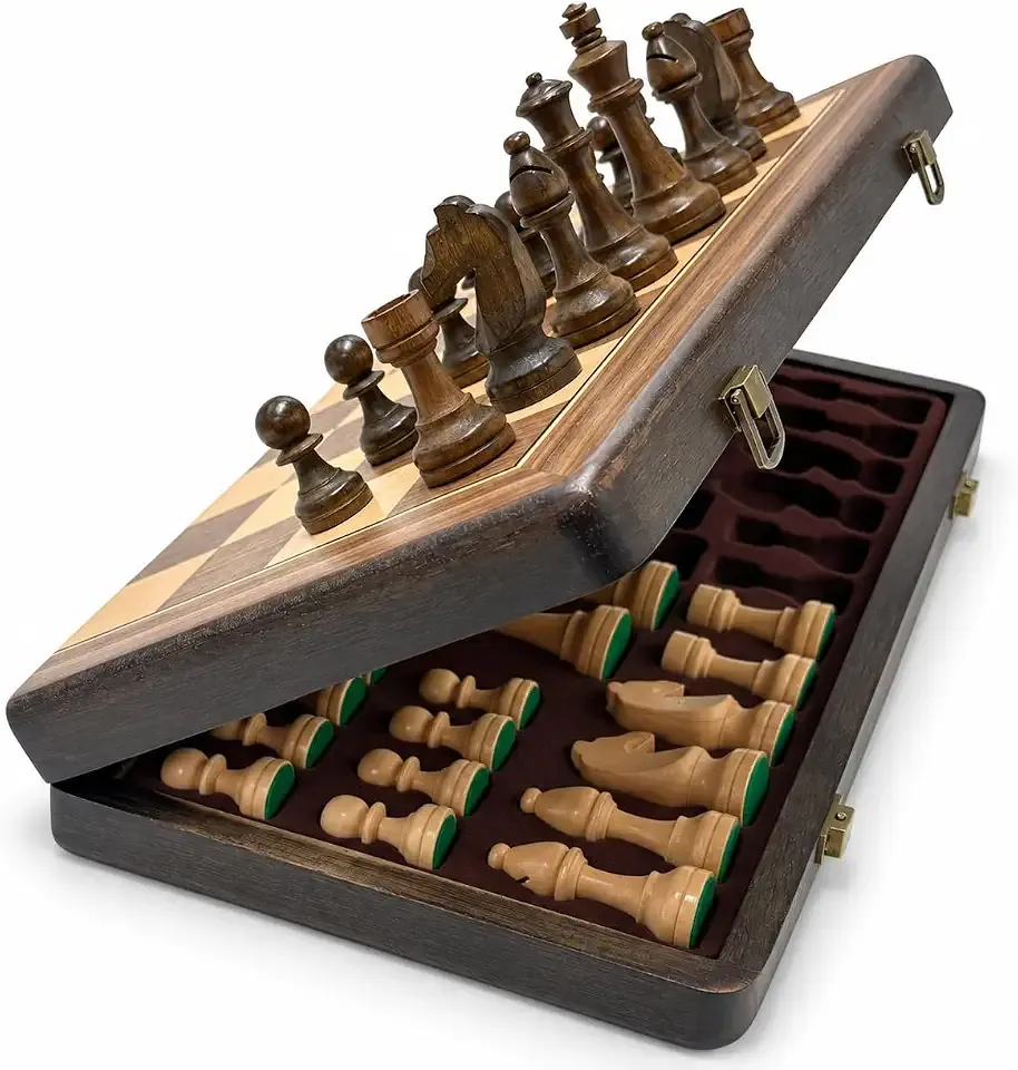 15 Inch Magnetic Wooden Chess Set, Rubberwood Folding Chessboard with Brown Dual-Sided Storage Trays, 2 Extra Queens & Dust-Proof Bag, Portable Travel Board Game(Vintage)