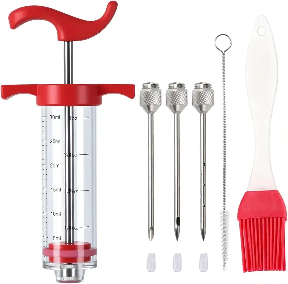 Turkey Injector Syringe Set for Seasoning, Plastic Meat Injectors for Smoking BBQ Grill, Marinade Injector Kit with 3 Stainless Steel Syringe Needles, Red 1 oz