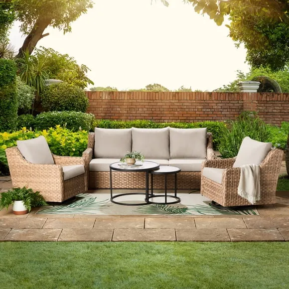 Better Homes & Gardens River Oaks Outdoor 5-Piece Wicker Conversation Set with Patio Cover, Natural