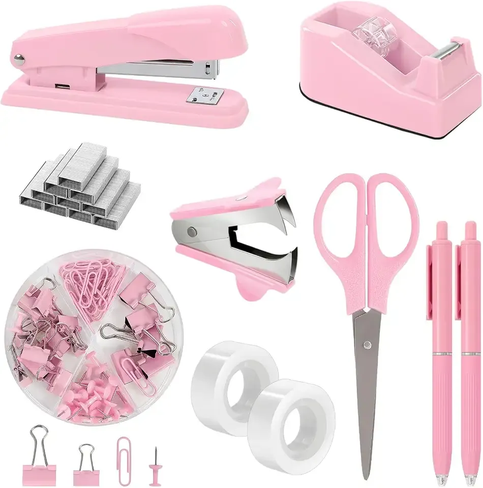 SKYDUE Pink Stapler and Tape Dispenser Set, Pink Office Desk Accessories | Pink Office Supplies, Stapler, Tape Dispenser, Scissors, Clips and 1000pcs Staples,Office Supplies for Desk for Women