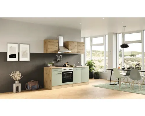 Kuchyňský blok se spotřebiči Flex Well Cara 210 cm barva čela zelená dub matná barva korpusu dub