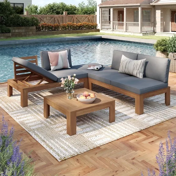 JOIVI 4 Piece Outdoor Acacia Furniture Set, Patio Furniture Sectional Sofa Set with Adjustable Armrest and 2-in-1 Coffee Table for Backyard, Garden, Balcony