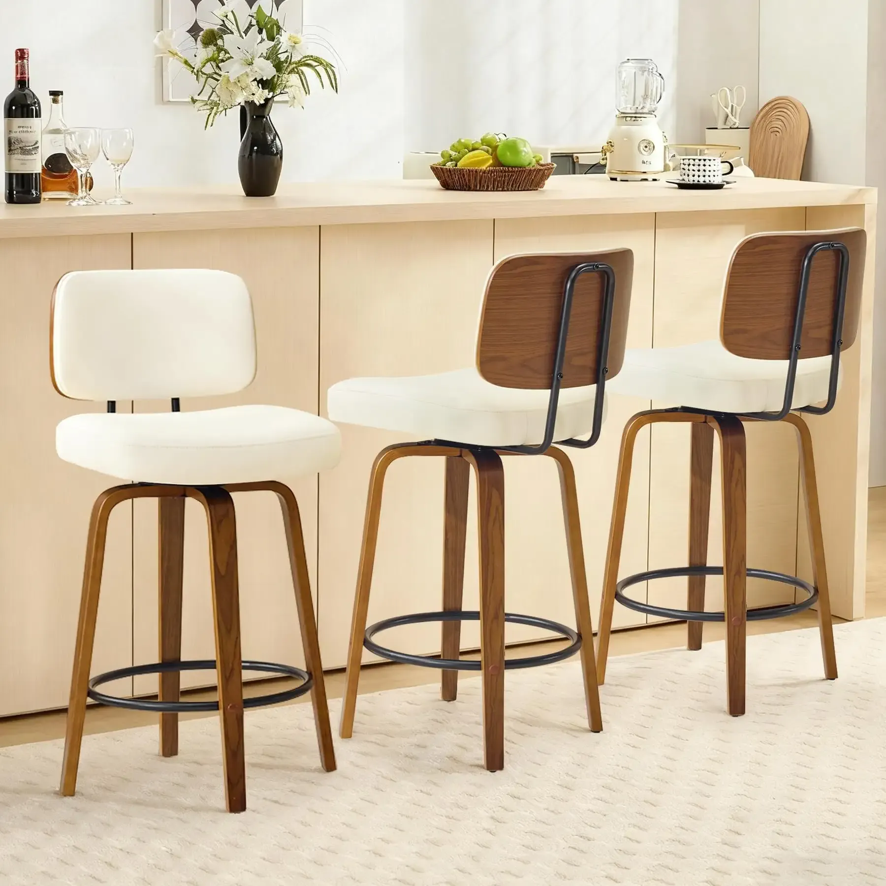 Counter Height Bar Stools Set of 3, 26+inch Swivel Faux Leather Barstool with Back, Upholstered Mid-Century Modern Bar Chairs with Bent Wood Legs for Kitchen Counter, Dining Room, Cream White