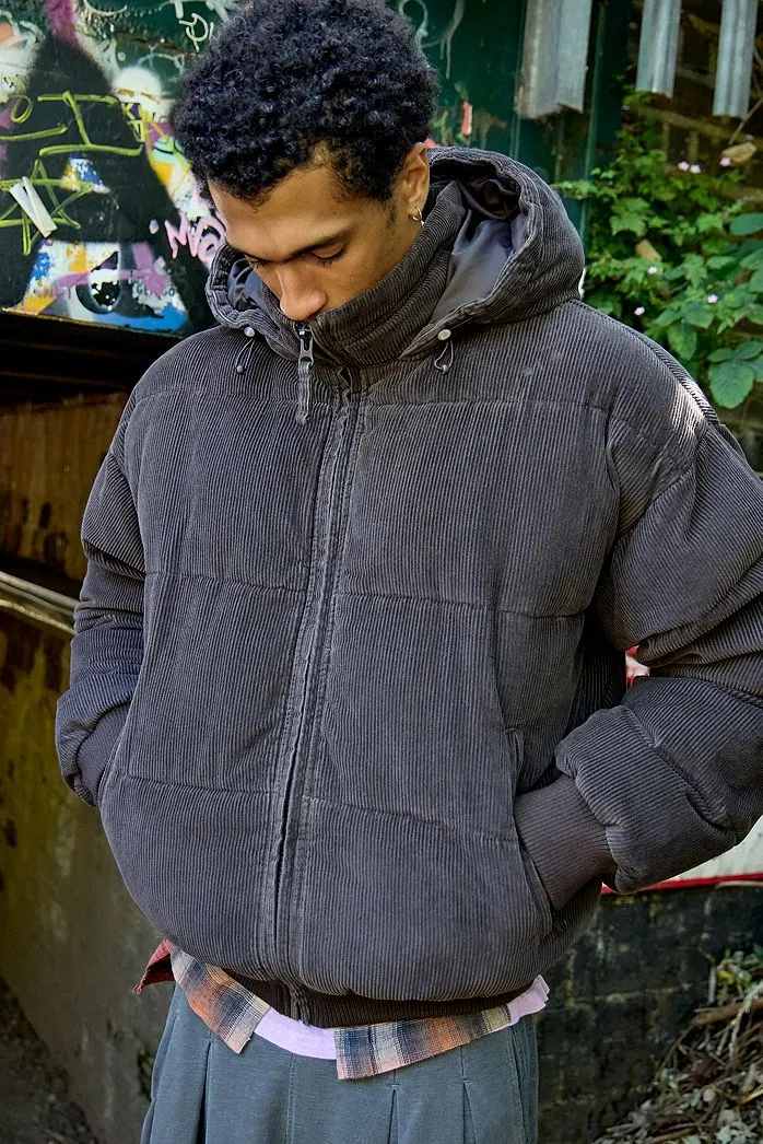 Giacca Puffer con Cappuccio in Velluto a Coste Roy BDG