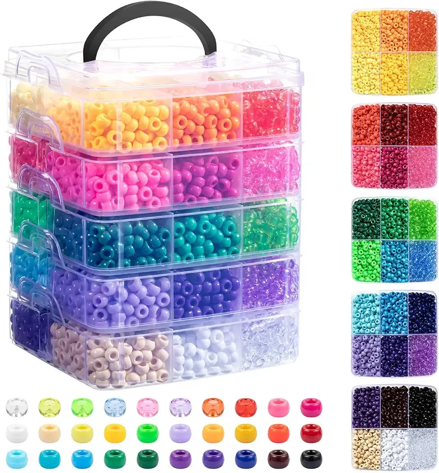 Simetufy 6000Pcs Pony Beads, 30 Colors 6x9MM Kandi Beads Bulk for Crafts Bracelet Making Hair Braiding Jewelry Key Chains DIY Crafts Christmas Gifts (3.44lb, Stack Box)