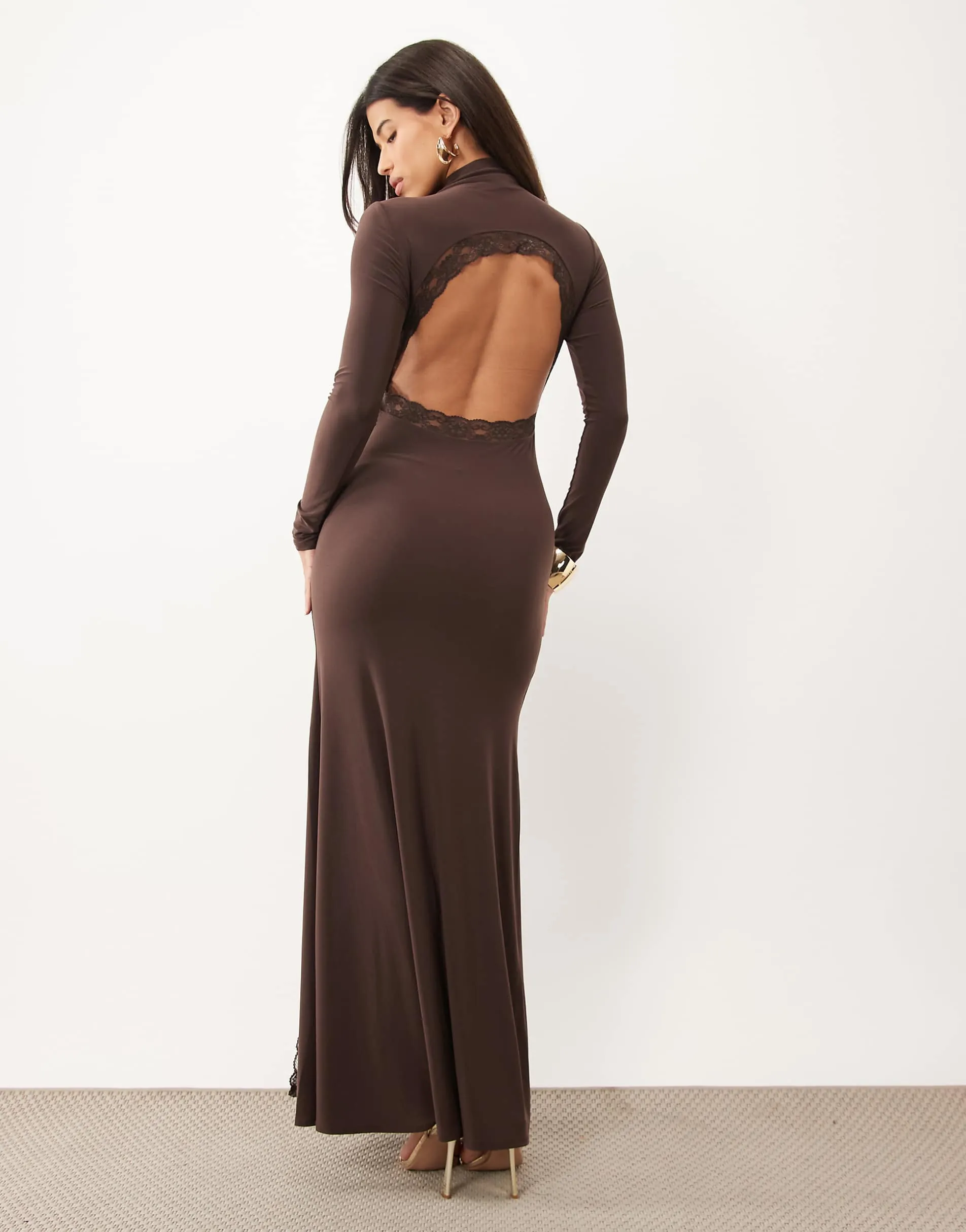 ASOS DESIGN maxi high neck slinky dress with lace trim open back detail in chocolate