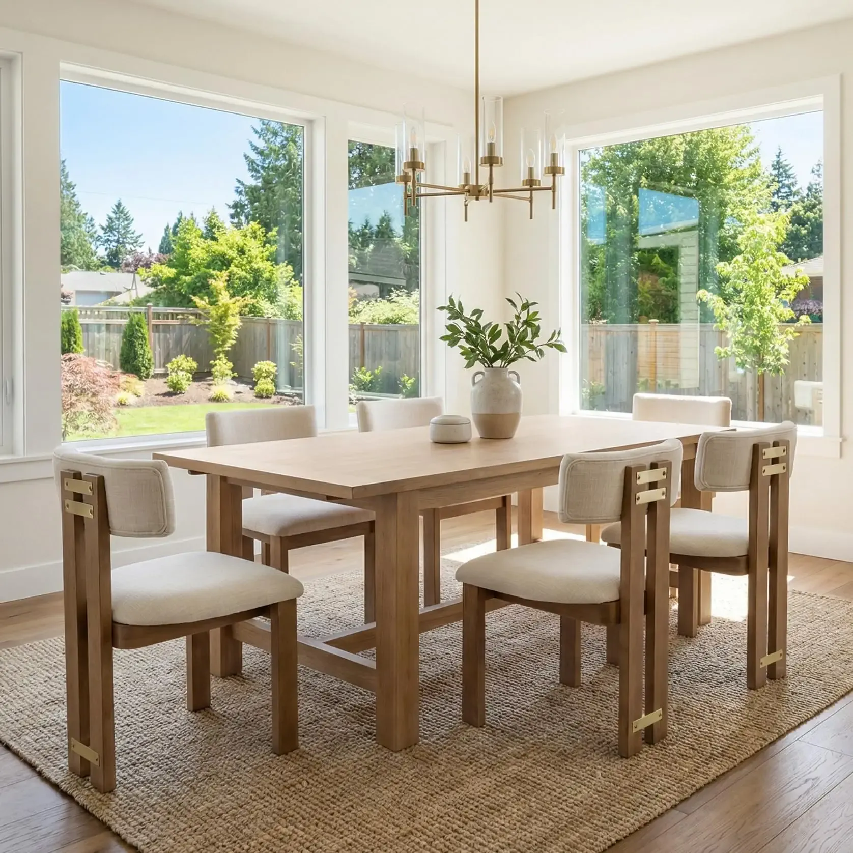 RIVOVA Modern Farmhouse Linen Dining Chairs Set of 6, Upholstered Dining Room Kitchen Chairs with Natural Wood Frame and Curved Backrest, Armless Upholstered Wood Chairs for Dining Room, Beige