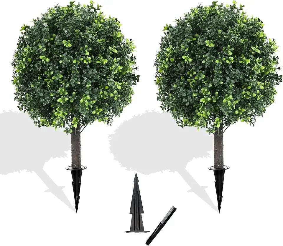 27.2" Artificial Boxwood Topiary Set of 2 with Spike, Fake Plants Boxwood Balls Greenery Bushes, Uv Resistant Artificial Outdoor Plants Shrubs for Front Porch Decor, Home Faux Plants Indoor