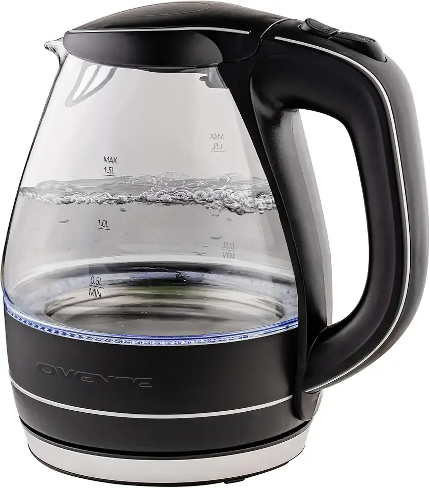 OVENTE Electric Kettle, 1.5L Borosilicate Glass Countertop Water Heater and Boiler for Coffee or Tea, BPA-Free, Auto Shut-Off, Boil-Dry Protection, Removable and Washable Spout Filter, Black KG83B