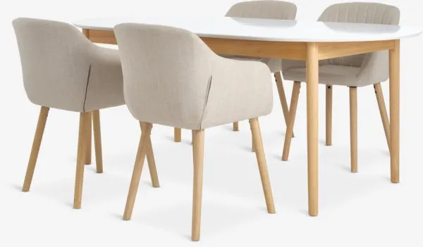 MARSTRAND + ADSLEV MARSTRAND L200/280 tafel wit + 4 ADSLEV stoelen beige