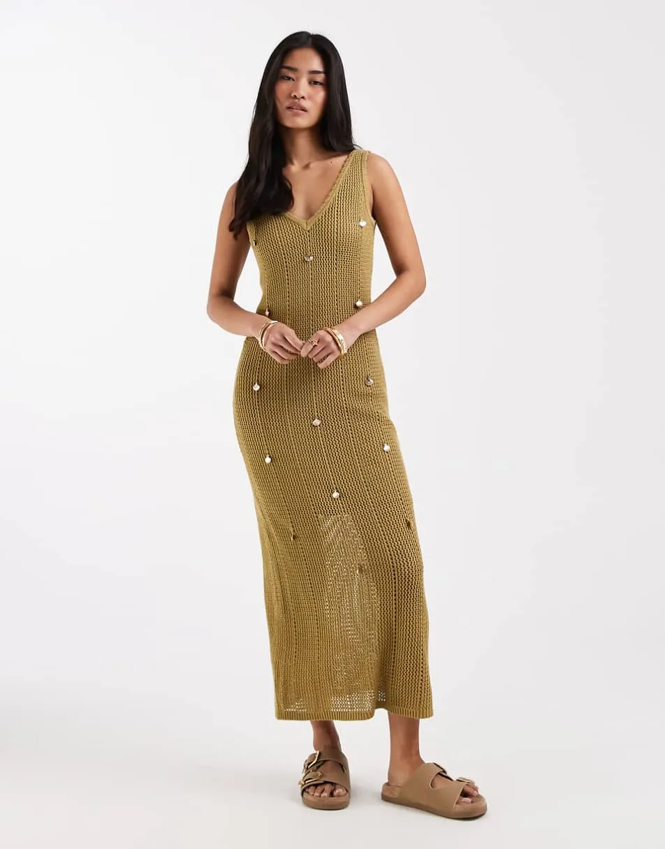 New Look shell detail knitted midi dress in green