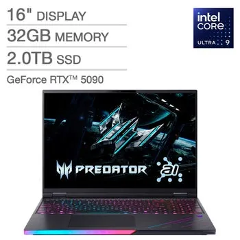 Acer Predator Helios 16" AI Gaming Laptop – Intel Core Ultra 9 processor 275HX (13 NPU TOPS) - 2560 x 1600 display @ 240Hz - NVIDIA GeForce RTX 5090 Laptop GPU (1824 AI TOPS) - 32GB RAM - 2TB SSD - Windows 11 Home - Abyssal Black