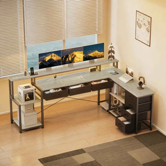 Escritorio Gaming en L 148cm con LED, 3 Enchufes AC, 2 Puertos USB, Cajones y Almacenamiento