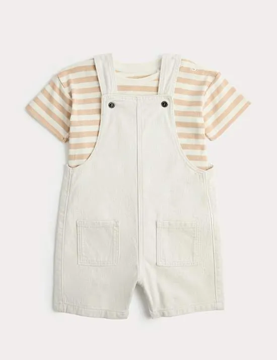 Ecru Denim Dungarees & Striped Tee Outfit (0-3 Years)