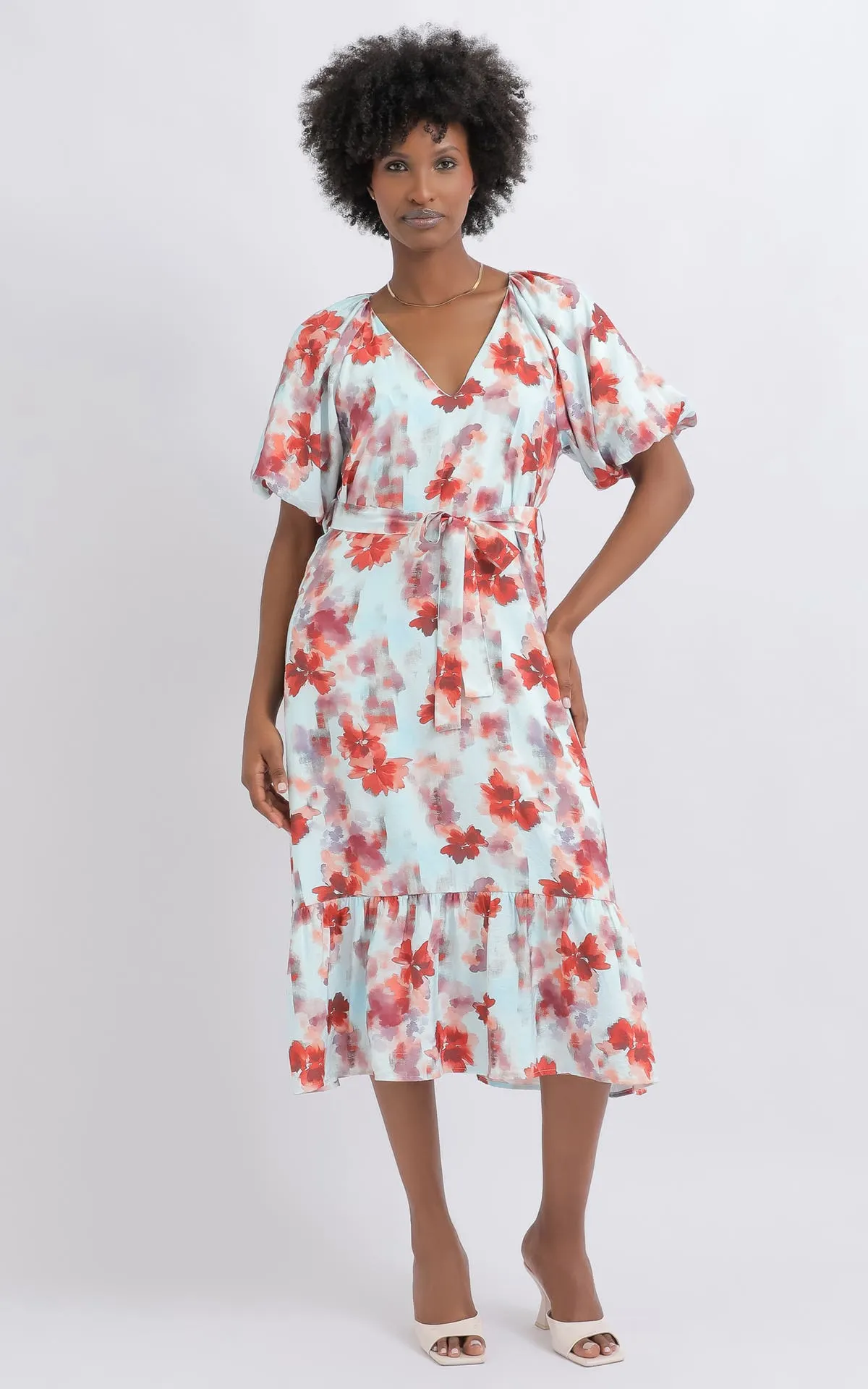 Voile Belted Puff Sleeve Dress