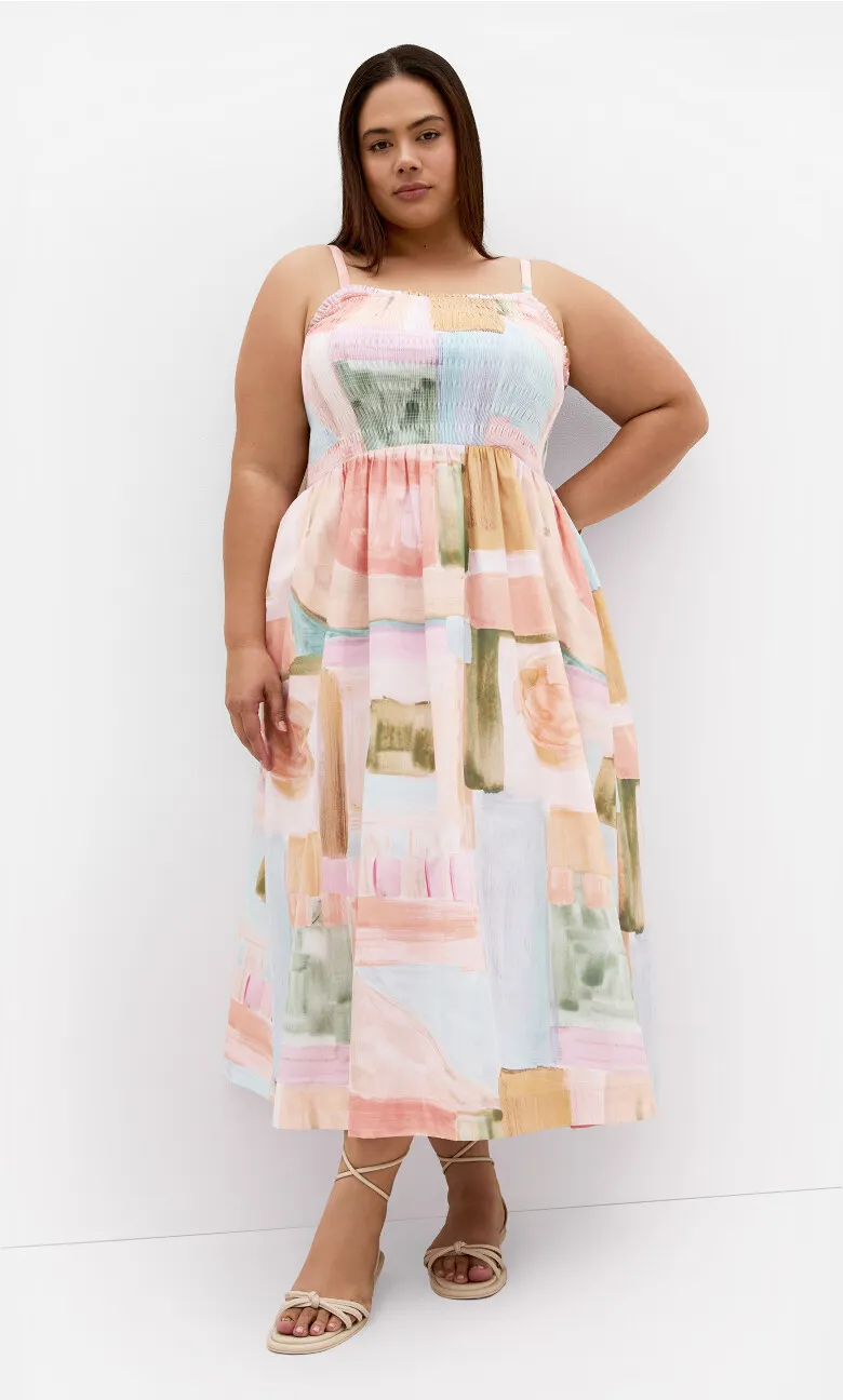 Jolie Trance Print Shirred Midi Dress - salmon