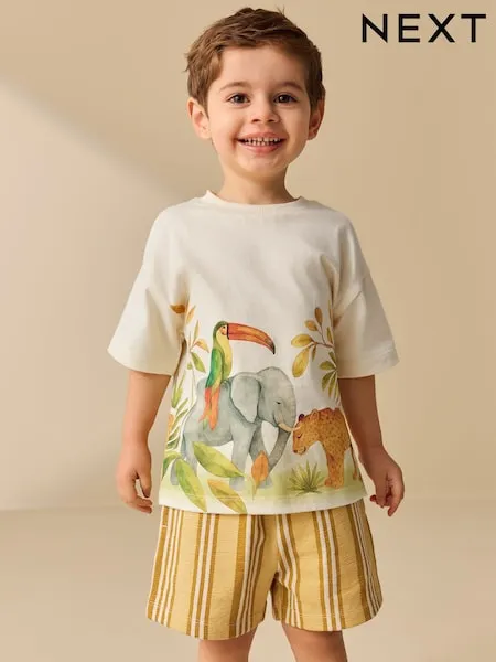 Light Yellow Watercolour Safari Short Sleeve Back Print T-Shirt and Shorts Set (3mths-7yrs)