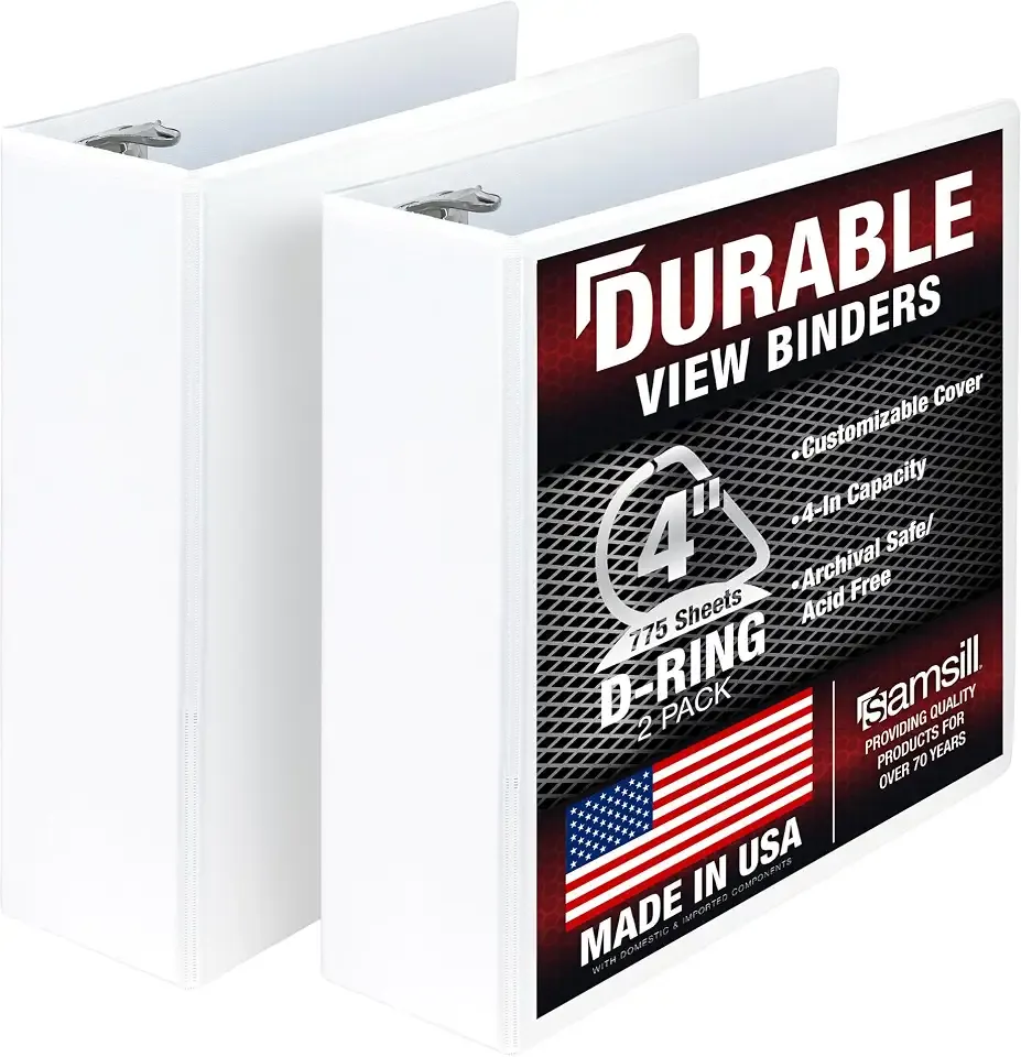 Samsill Durable 4 inch 3 Ring Binder, D Ring Binder, 100% Recycled Chipboard, White, 2 Pack