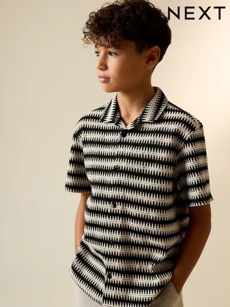 Black/Ecru Short Sleeve Textured Stripe Revere Shirt (3-16yrs)