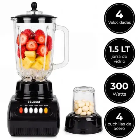 Licuadora 4 velocidades + Pulso - 300W 1.5L, Vaso de Vidrio y Vaso Picador con Espátula