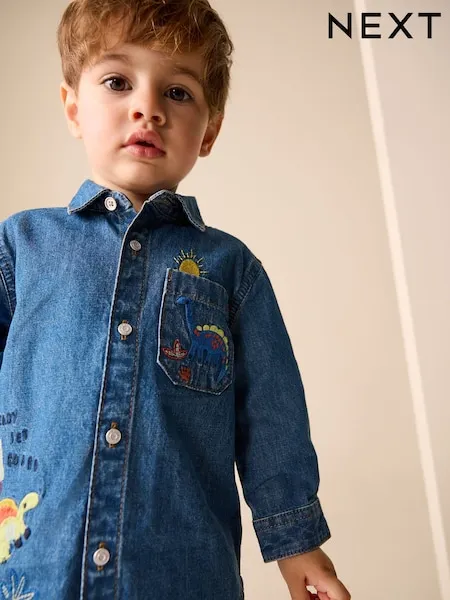 Blue Dino Embroidery Long Sleeve Denim Shirt (3mths-7yrs)