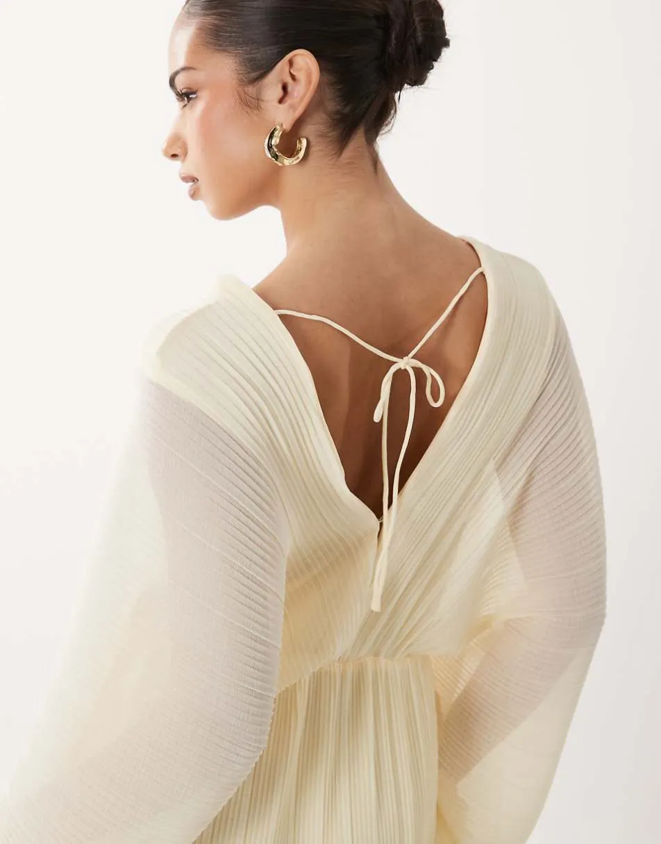Gina Tricot long sleeve flowy pleated maxi dress in light yellow