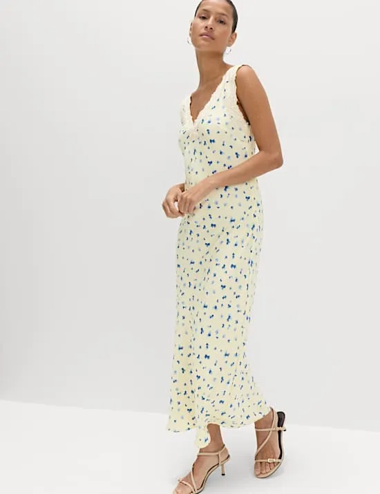 Satin Floral and Lace Midi Slip Dress