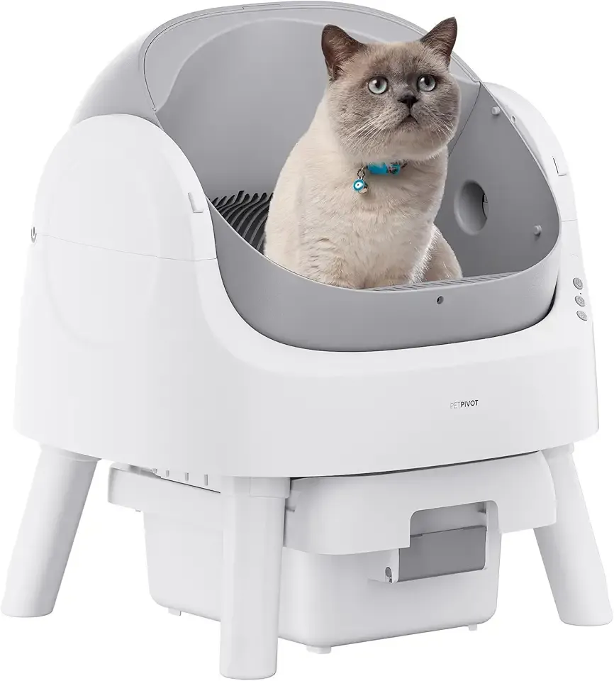 Self Cleaning Cat Litter Box, Safety Sensor and Open Top Design for Multiple Cats, Automatic Cat Litter Box with Liners and Mat Included, Grey