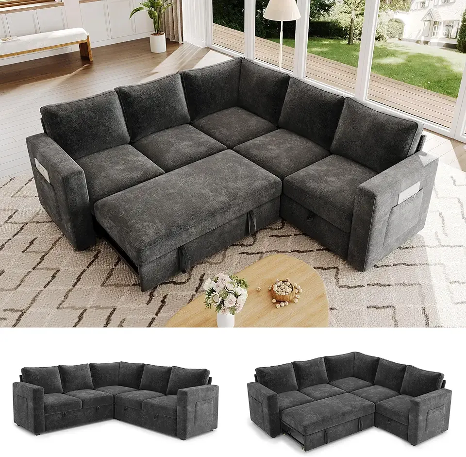 83.5" Sectional Sleeper Sofa with Pull Out Couch, Modern 5 Seat L Shaped Modular Couch, Sectionals Modular Sofa with Storage, Comfy Sectional Couches for Living Room & Apartment, Dark Gray
