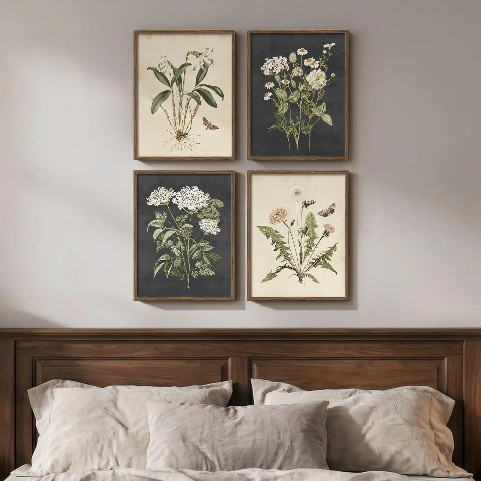 Framed Vintage Botanical Floral Wall Art for Bedroom, 4 Piece 11x14 In | Farmhouse wall decor, Flower pictures, Rustic retro paintings, Ready to hang canvas prints, Kitchen bedroom living room decor