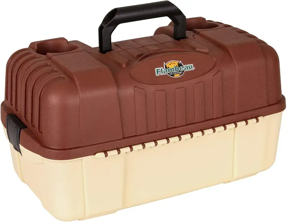 Flambeau Outdoors 2059 Hip Roof 7-Tray Fishing Tackle Box - Large Portable All-Weather Fishing Lure Organizer, 61 Compartments, Beige/Terracota Brown