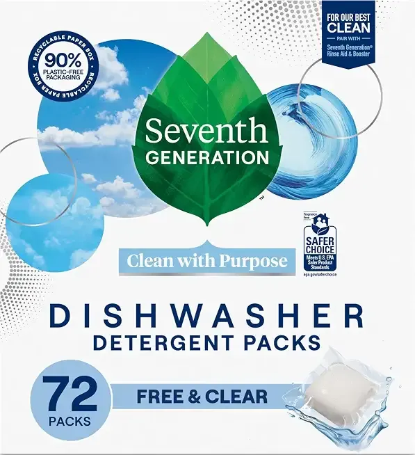 Seventh Generation Free & Clear Dishwasher Detergent Packs, 72 Count | Powers away life's toughest messes, made with biobased ingredients. Free & Clear formula with 0% dyes & fragrances.