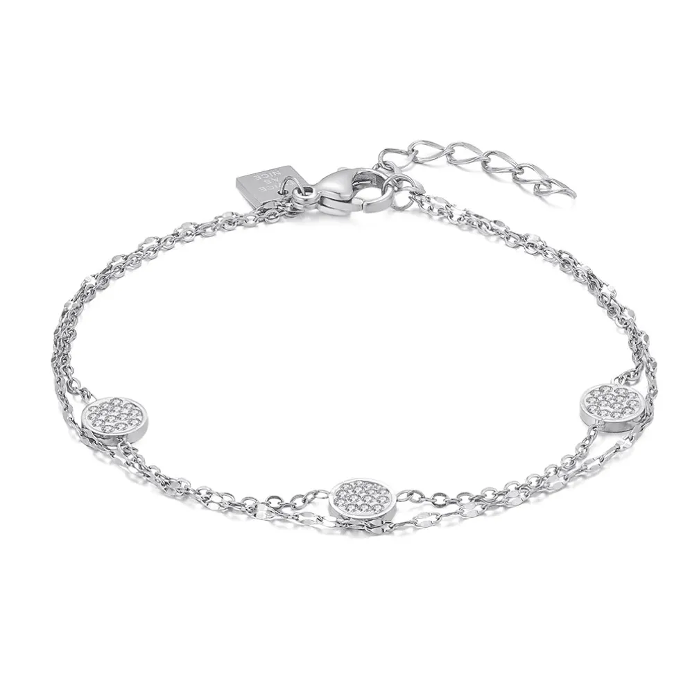 Armband in edelstaal, dubbele ketting, 3 rondjes met witte kristallen