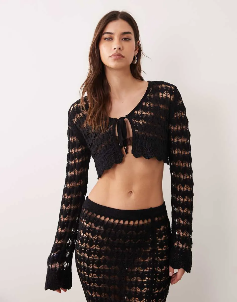Miss Selfridge crochet long sleeve tie front cardigan in black