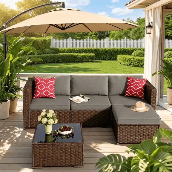 Deal Patio Furniture Set on Sale, Asofer 5 Pieces Outdoor Conversation Sectional PE Rattan Wicker Furniture Sofa, Gray
