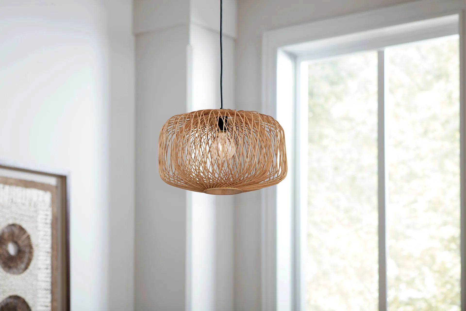 Harlow 1 -Light Matte black canopy with Natural Rattan shade Farmhouse Rattan Cage Globe Medium Hanging Pendant Light