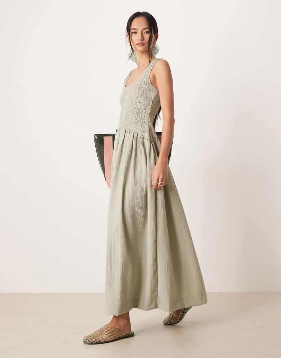 ASOS DESIGN crinkle scoop neck maxi sundress with shirred waist in sage