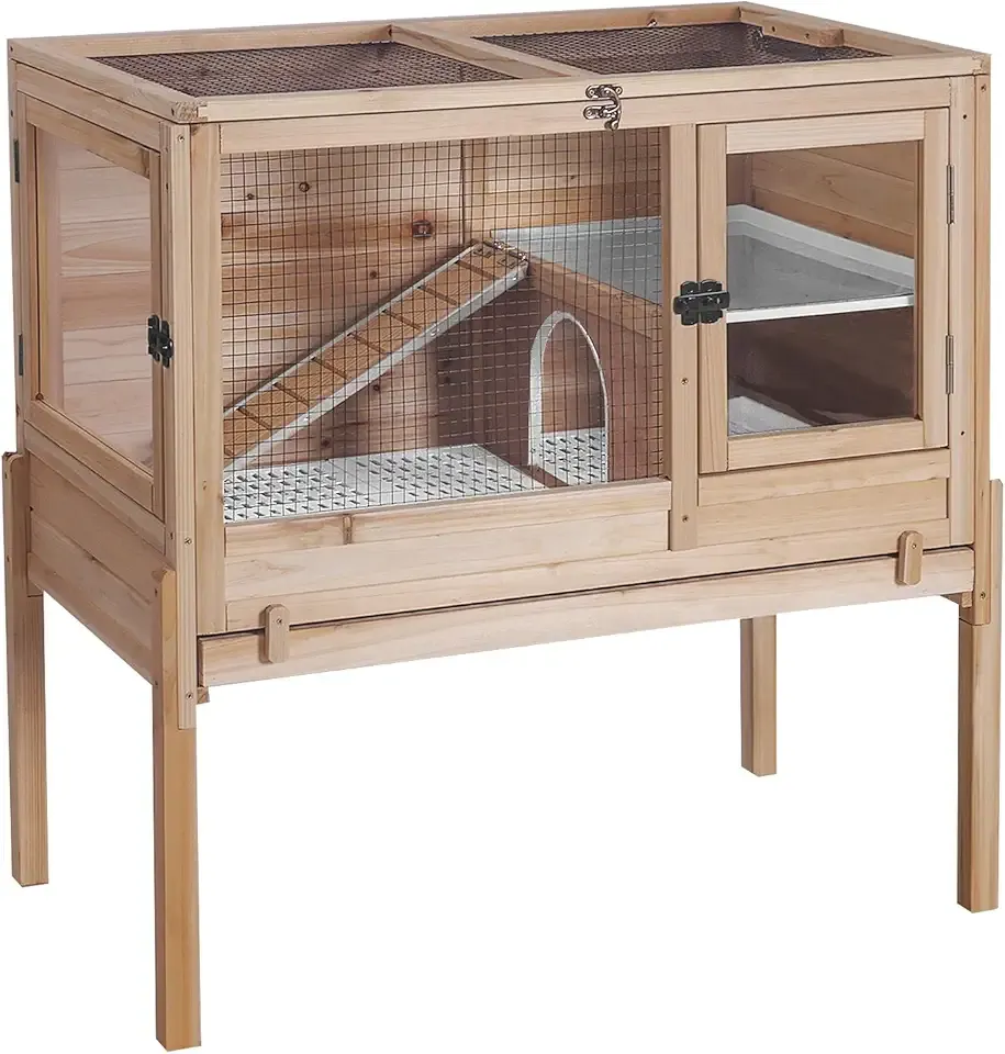 GUTINNEEN Guinea Pig Cages with Anti Chewing Sturdy Plastic Floor and Cool Zinc Plate, Indoor Rabbit Hutch with Hideout and Platform, Elevated Legs Hamster Cage 36.6" L (Nature)