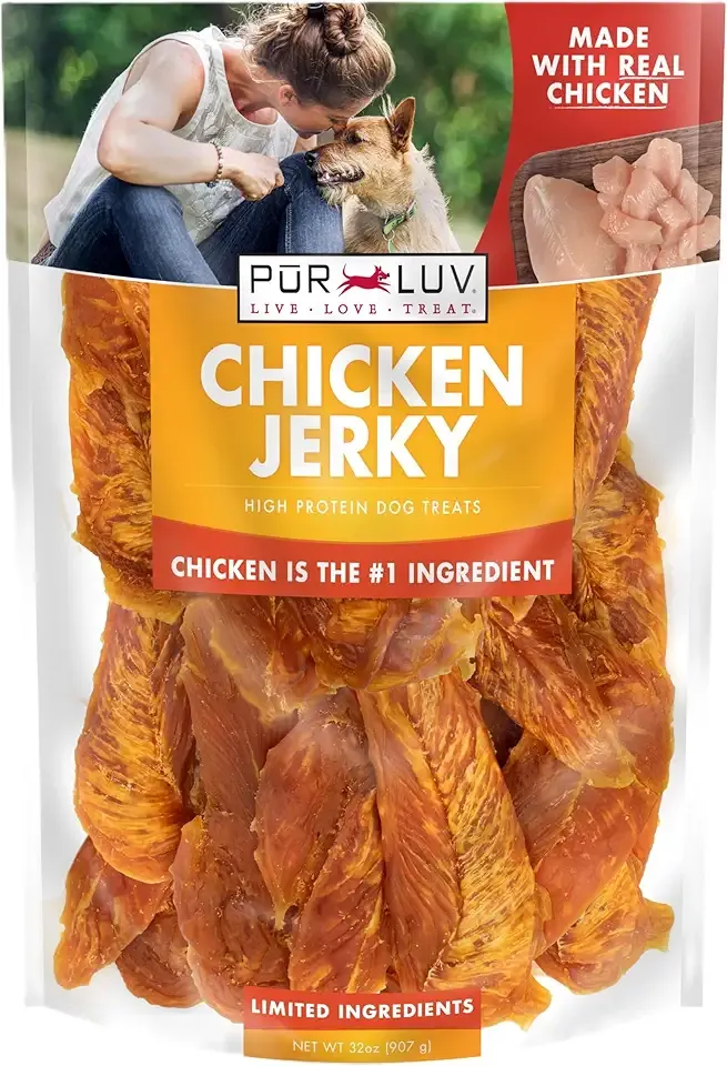 Pur Luv Chicken Jerky Dog Treats, Made with 100% Real Chicken Breast, 32 Ounces, Healthy, Easily Digestible, Long-Lasting, High Protein, Satisfies Dog's Urge to Chew