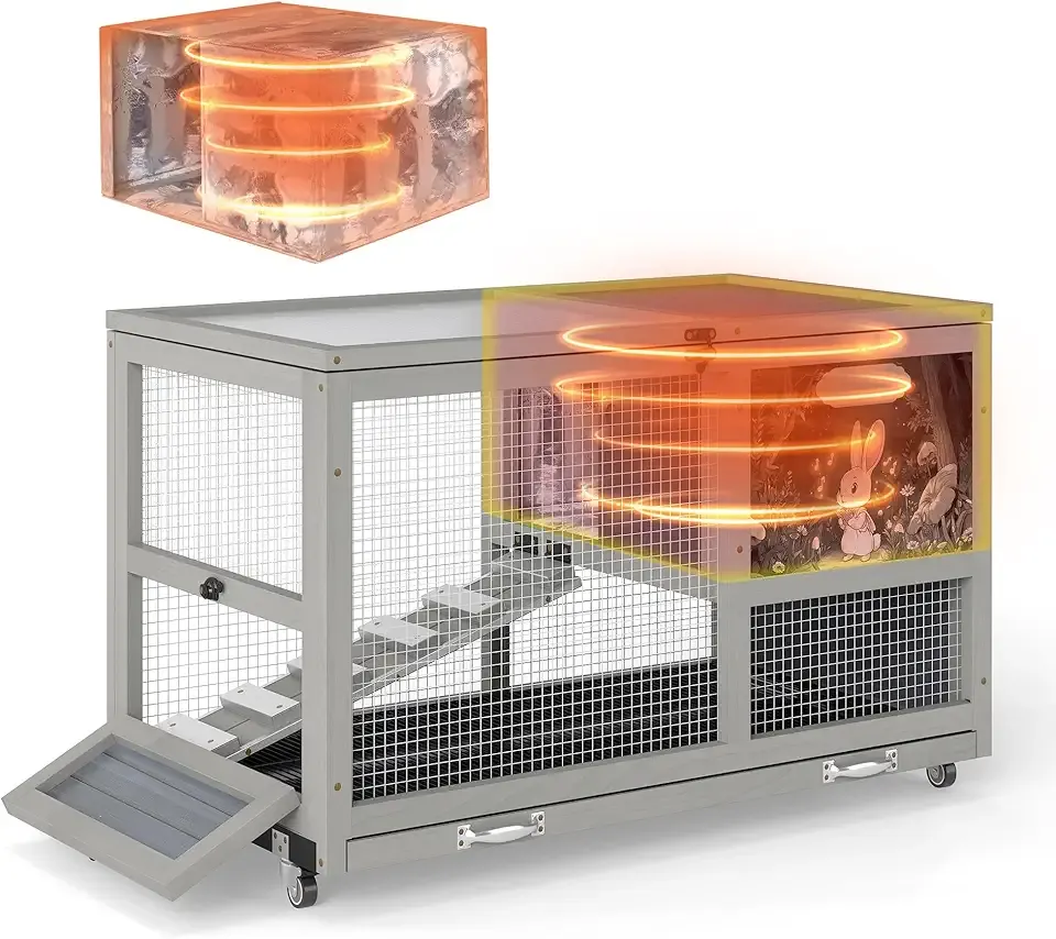 COZIWOW 36.5-Inch Double-Decker Wooden Insulated Rabbit Hutch with Wheels, Heated Rabbit Cage Featuring A Cleaning Tray and Ladder—Stylish&Easy to Assemble（Grey and Warm）