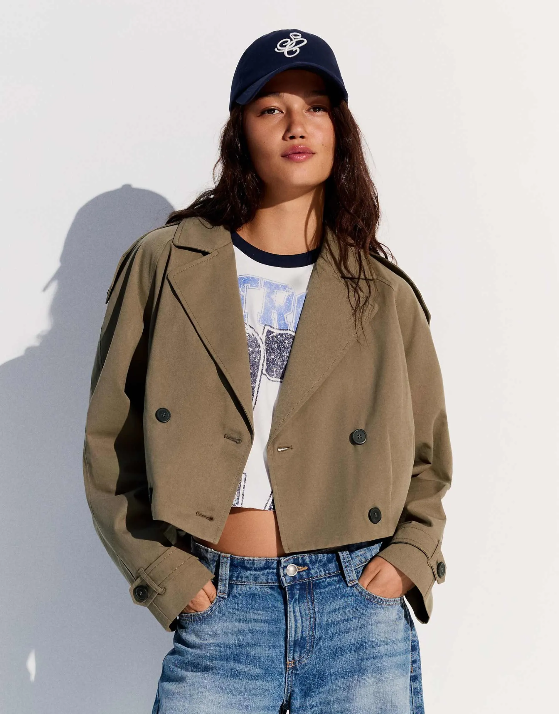 Bershka Pleated cropped trench coat in beige