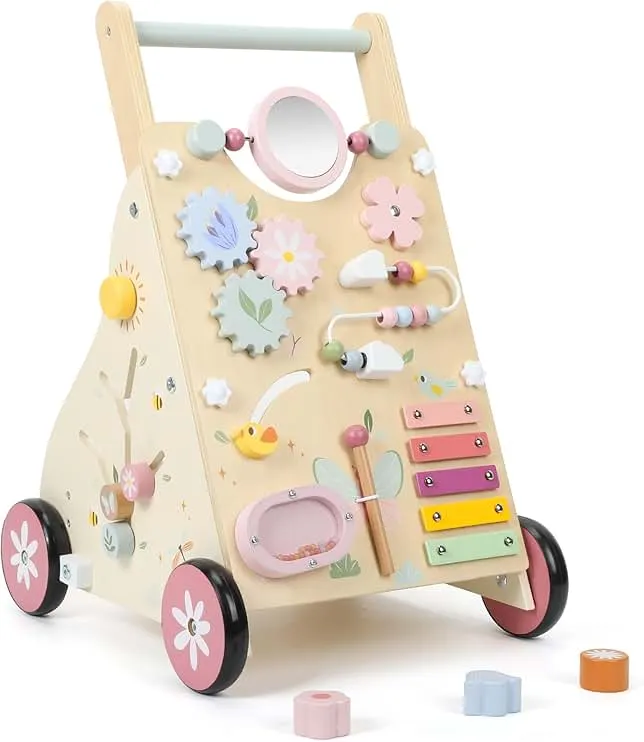 Pithfor Wooden Baby Walker, Baby Push Walker, Push Walker Toys for Babies Learning to Walk & Sit-to-Stand, with Montessori Sensory Toy & Activity Center for Girls Boys