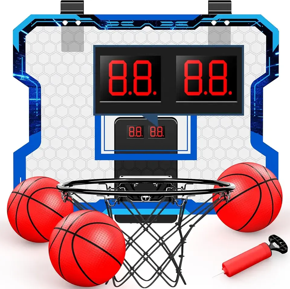 Indoor Basketball Hoop for Kids with Electronic Scoreboard, Over The Door Mini Basketball Hoop with 4 Game Modes, Breakaway Rim, 3 Balls & Pump, Basketball Toy Gift for Boys Girls Ages 6-12