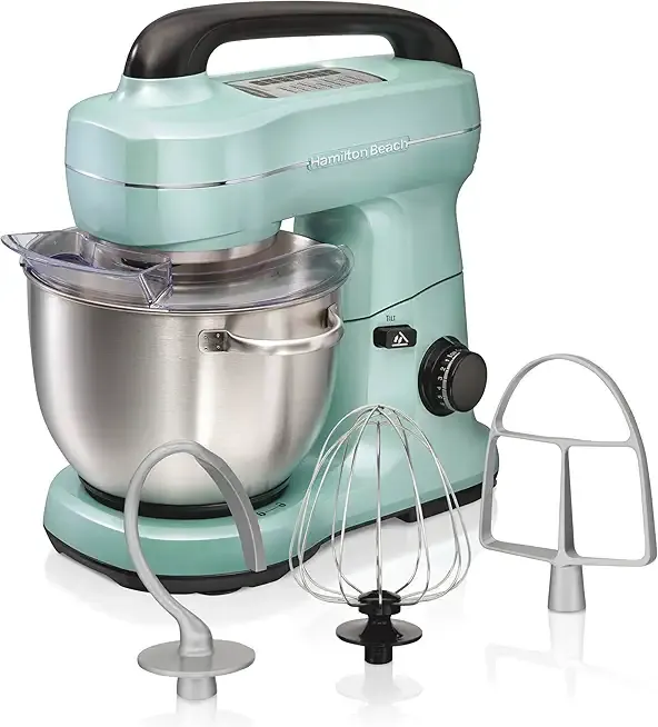 Hamilton Beach Electric Stand Mixer, 4 Quarts, Dough Hook, Flat Beater Attachments, Splash Guard, 7 Speeds with Whisk, Easy-Carry Top Handle, Aqua