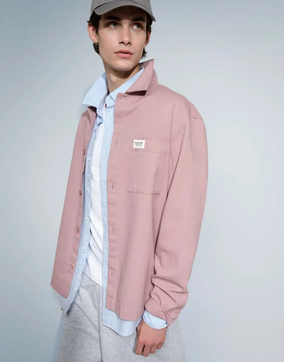ASOS DESIGN cotton twill overshirt with badge in dusty pink